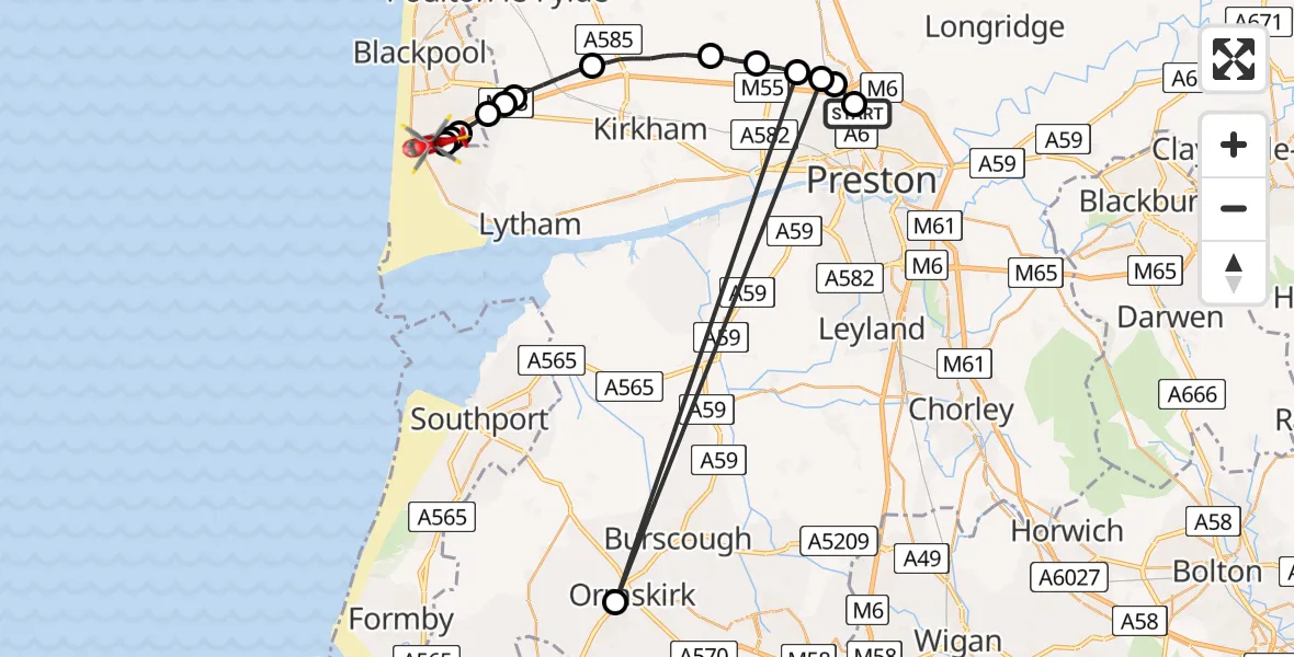 Flight path map showing Air Ambulance Helicopter route from Royal Preston to Blackpool Airport