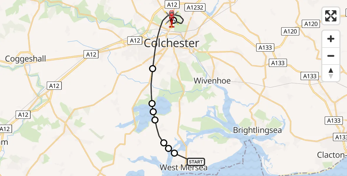 Flight path map showing Air Ambulance Helicopter route from West Mersea to Colchester Hospital