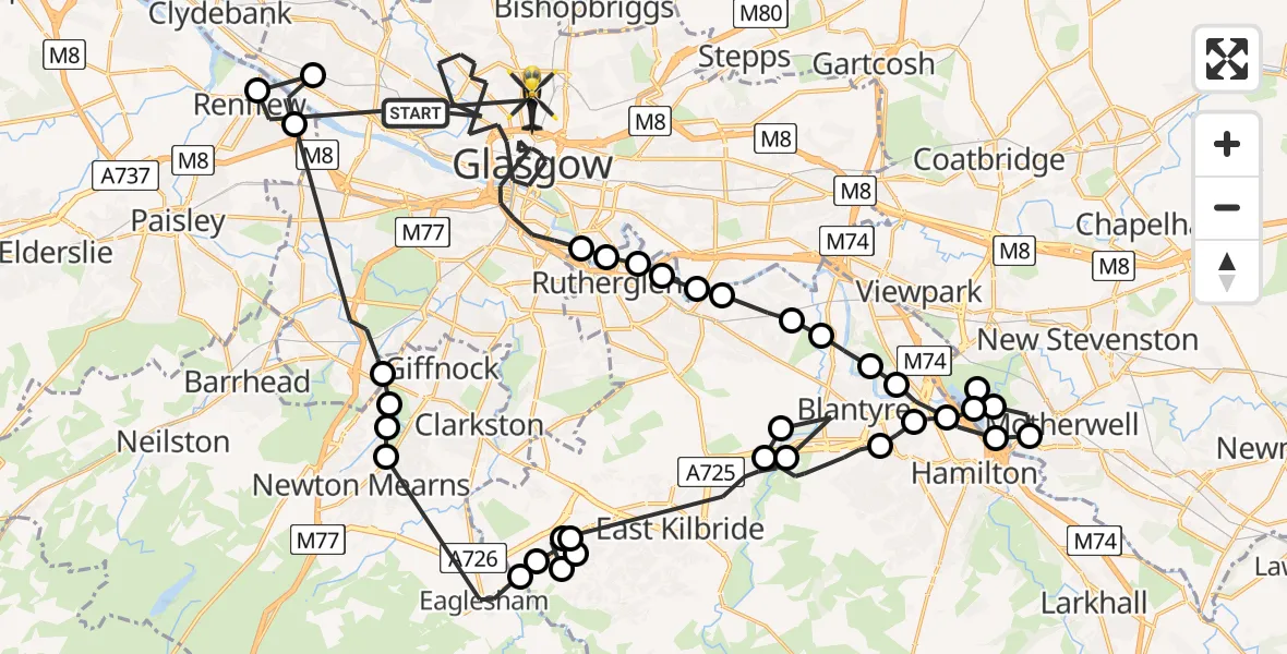 Flight path map showing Police Helicopter route from Glasgow to Glasgow