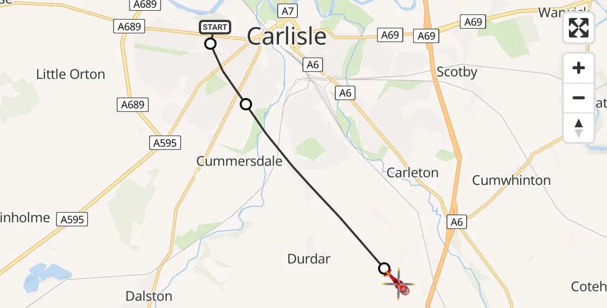 Flight path map showing Air Ambulance Helicopter route from Carlisle General to Durdar