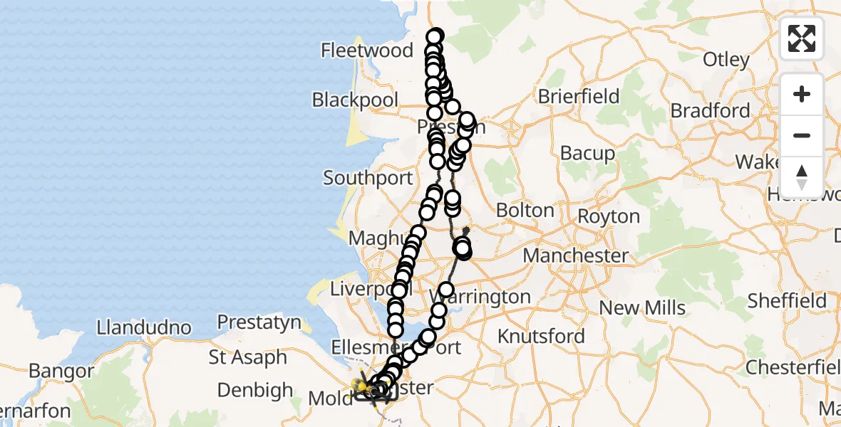 Flight path map showing Police Helicopter route from Hawarden Airport to Broughton