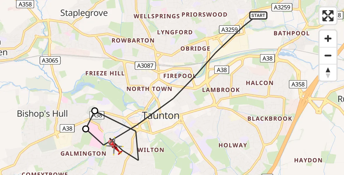 Flight path map showing Air Ambulance Helicopter route from Taunton to Taunton