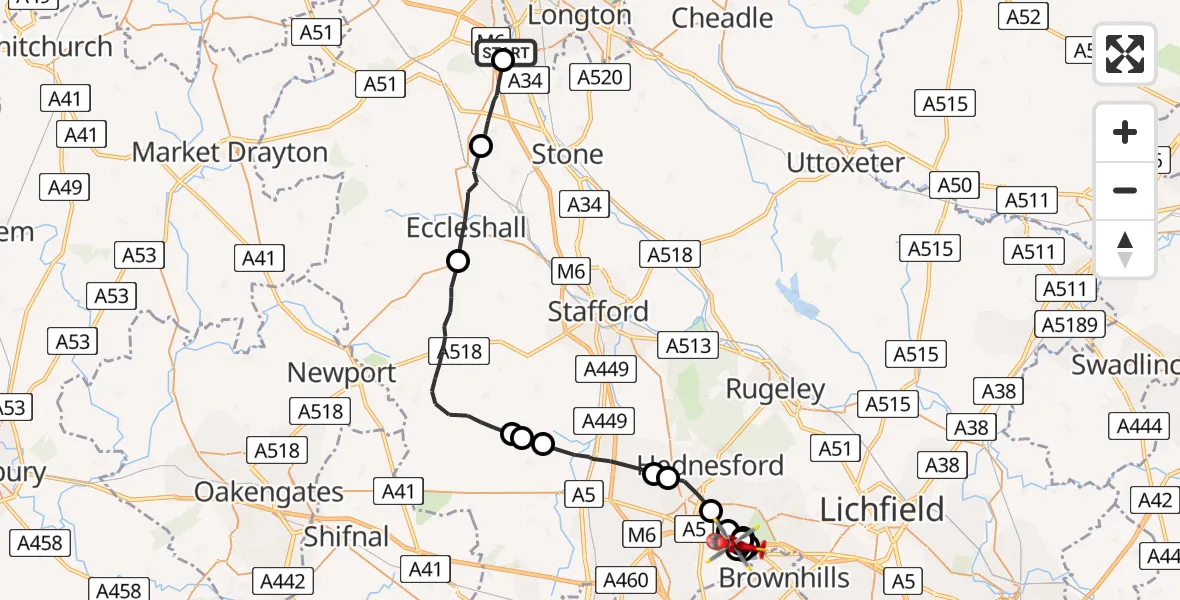 Flight path map showing Air Ambulance Helicopter route from Stafford to Norton Canes
