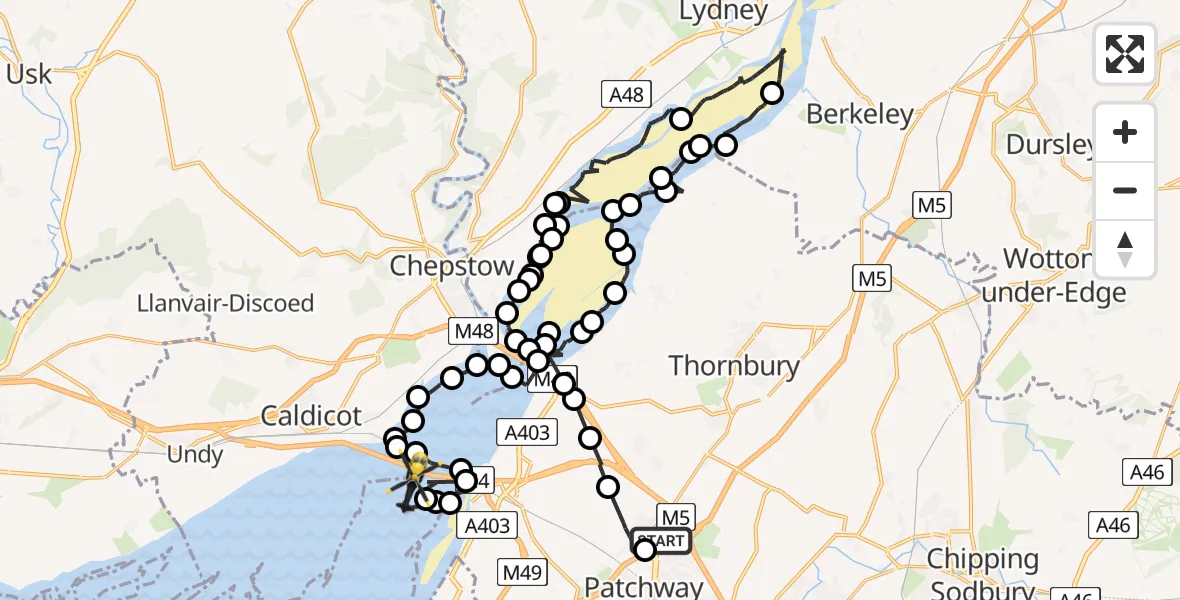 Flight path map showing Police Helicopter route from Almondsbury Helicopter Base to Bristol Channel