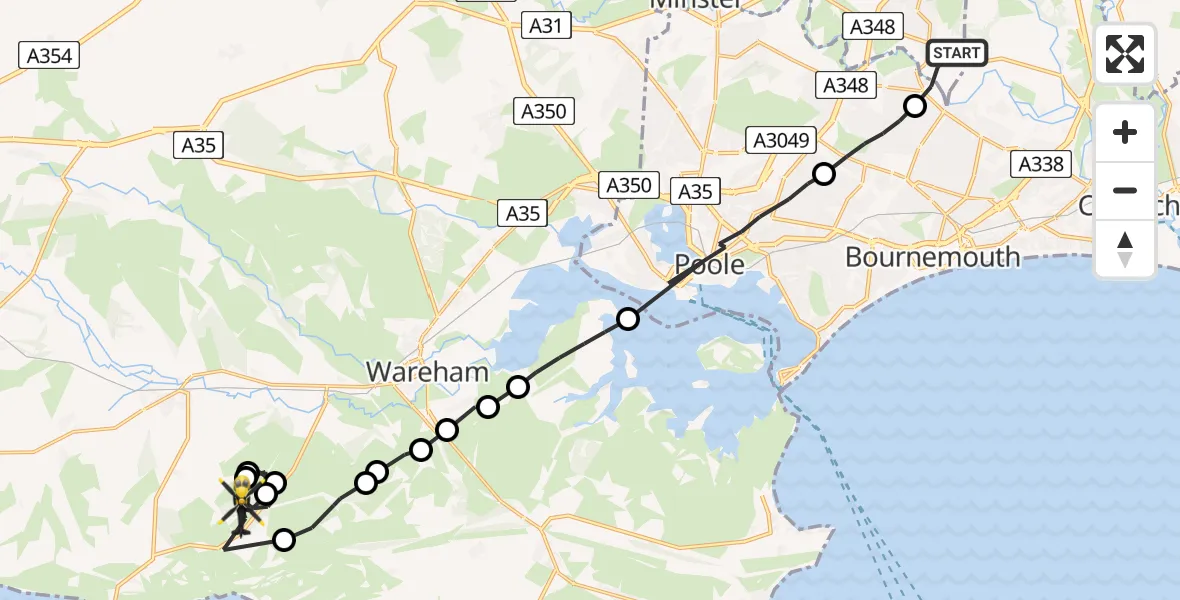 Flight path map showing Police Helicopter route from Parley Cross to East Lulworth