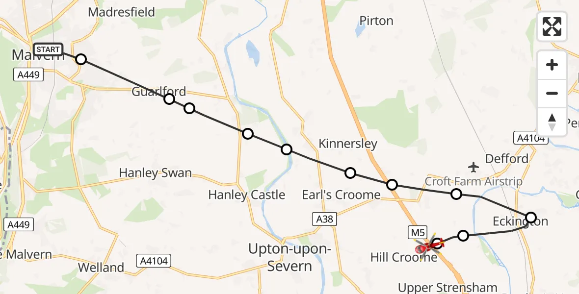 Flight path map showing Air Ambulance Helicopter route from Malvern to Hill Croome