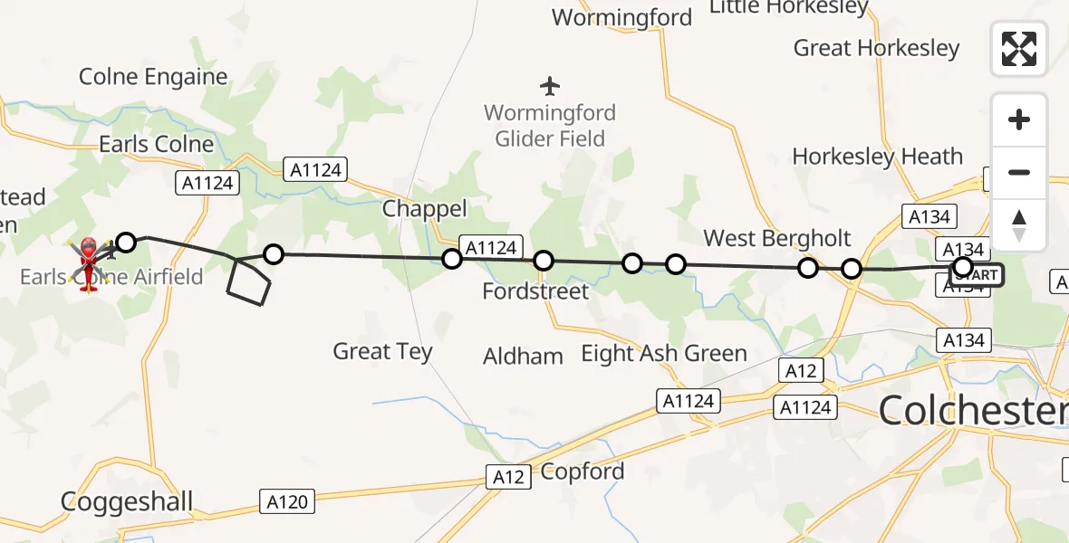 Flight path map showing Air Ambulance Helicopter route from Colchester Hospital to Earls Colne Airfield