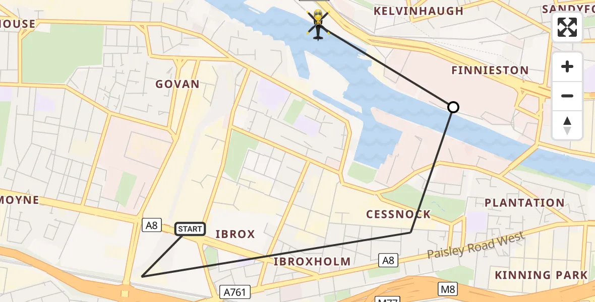 Flight path map showing Police Helicopter route from Glasgow to Glasgow City Heliport