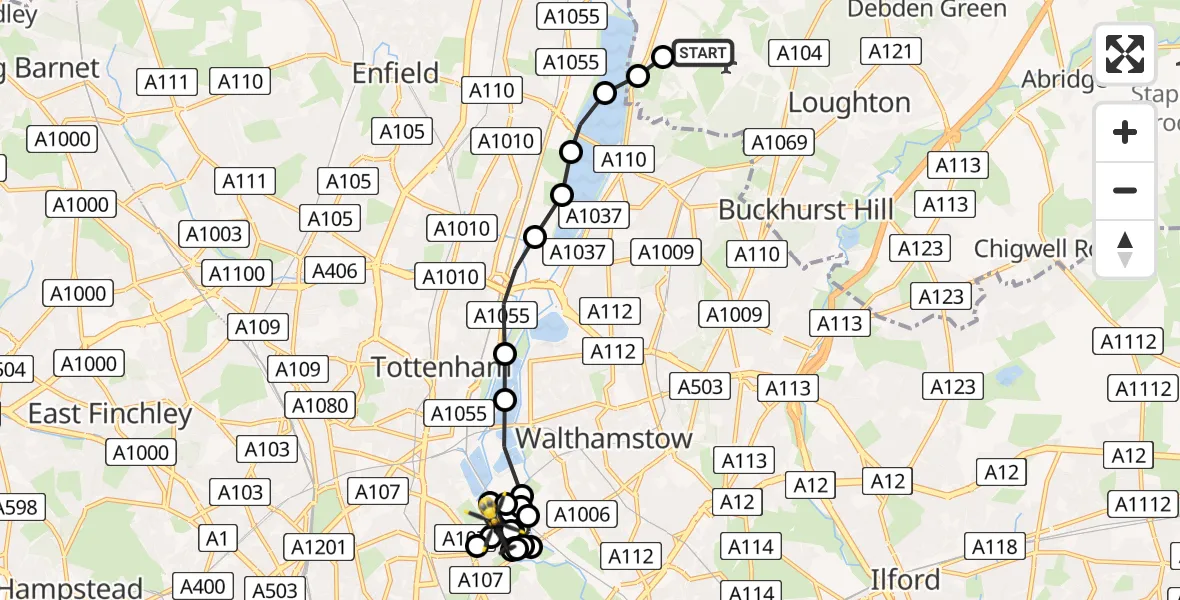 Flight path map showing Police Helicopter route from Metropolitan Police Air Support Unit Lippitts Hill to Lee Valley Riding Centre