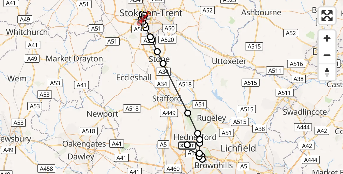 Flight path map showing Air Ambulance Helicopter route from Cannock to University Hospital North Staffs