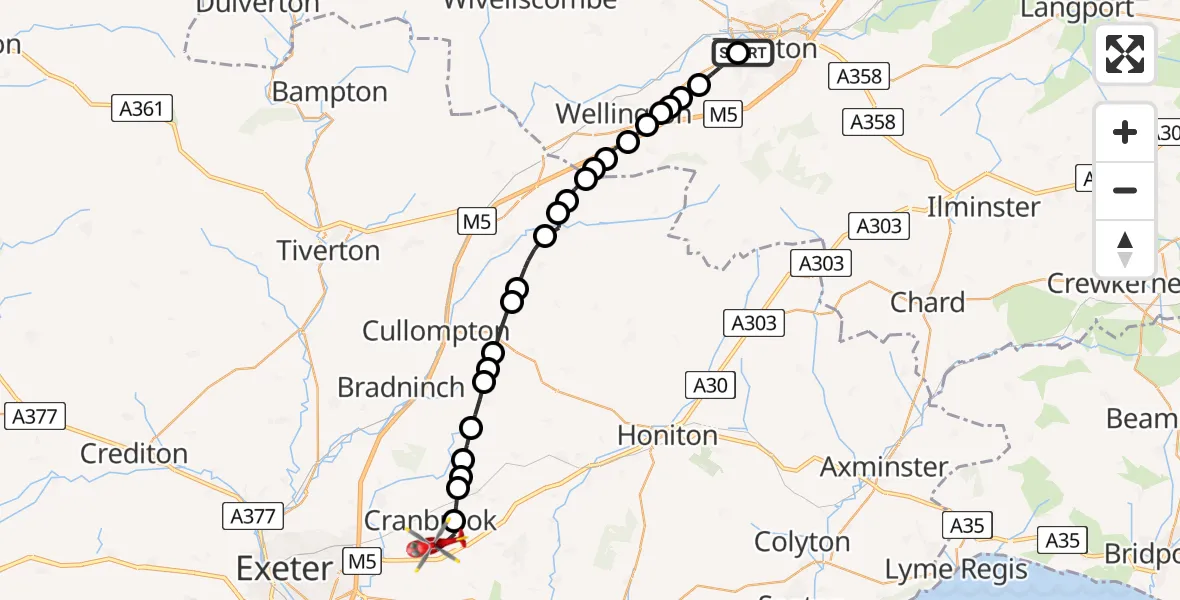 Flight path map showing Air Ambulance Helicopter route from Musgrove Hospital to Rockbeare