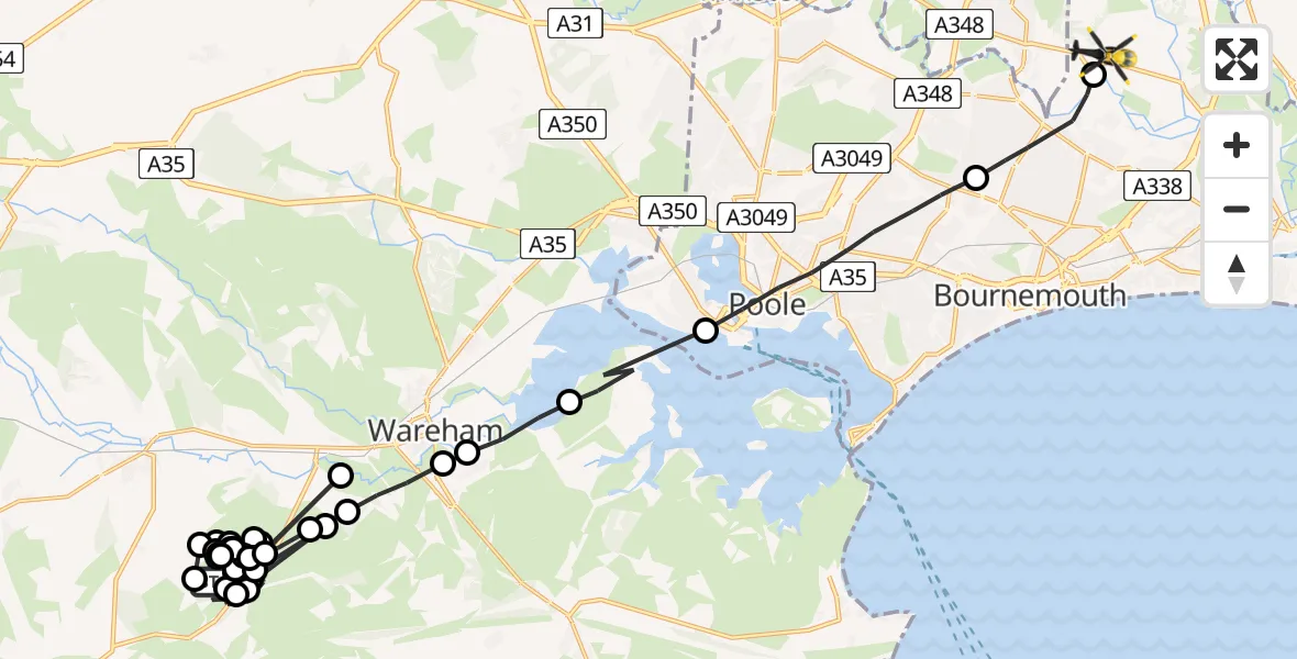 Flight path map showing Police Helicopter route from East Lulworth to Bournemouth Airport