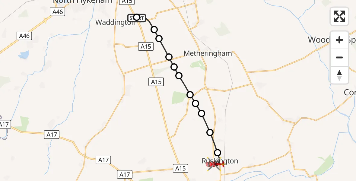 Flight path map showing Air Ambulance Helicopter route from RAF Waddington to Ruskington