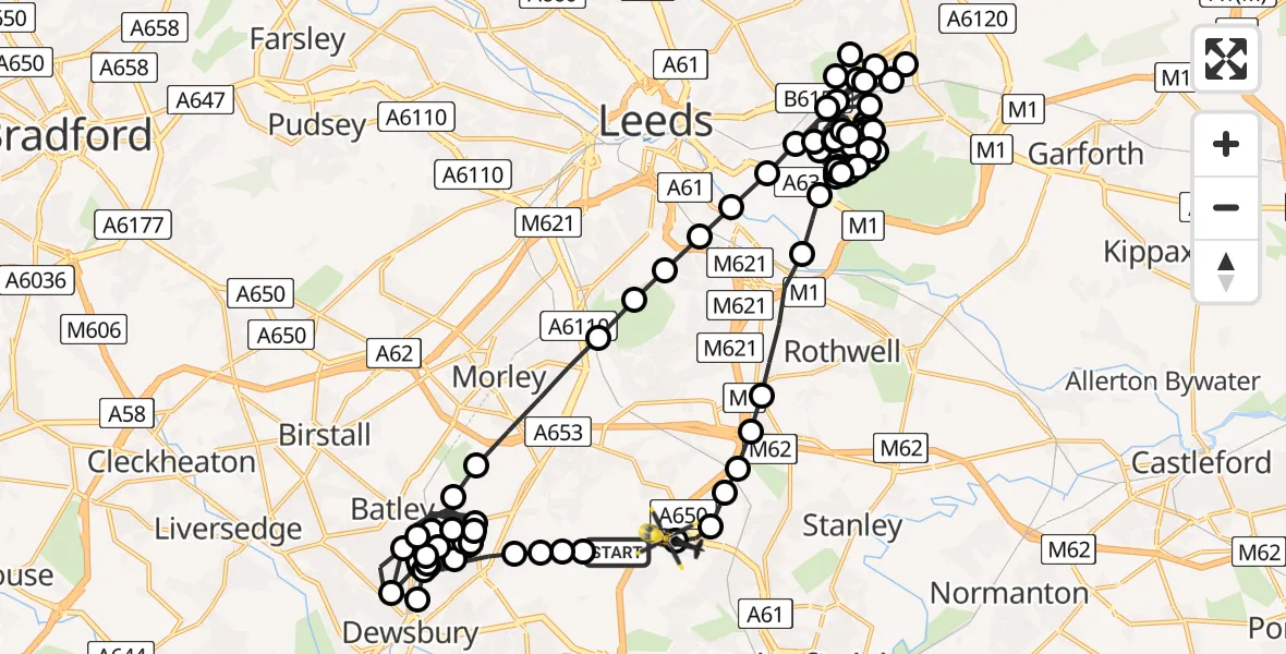 Flight path map showing Police Helicopter route from Woodkirk to Wrenthorpe