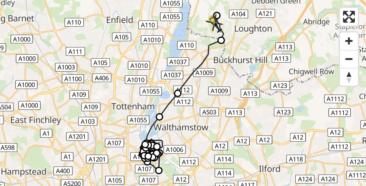 Flight path map showing Police Helicopter route from Waltham Forest to Sewardstonebury