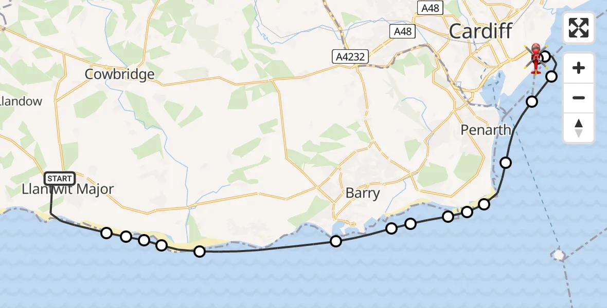 Flight path map showing Air Ambulance Helicopter route from Llantwit Major to Cardiff Heliport