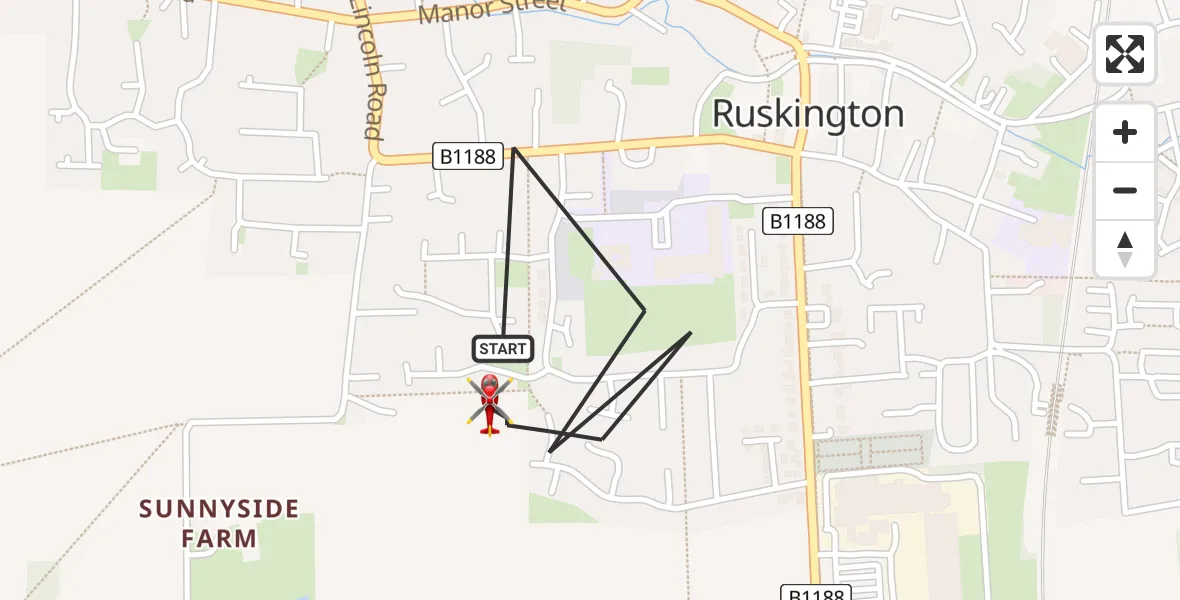 Flight path map showing Air Ambulance Helicopter route from Ruskington to Ruskington