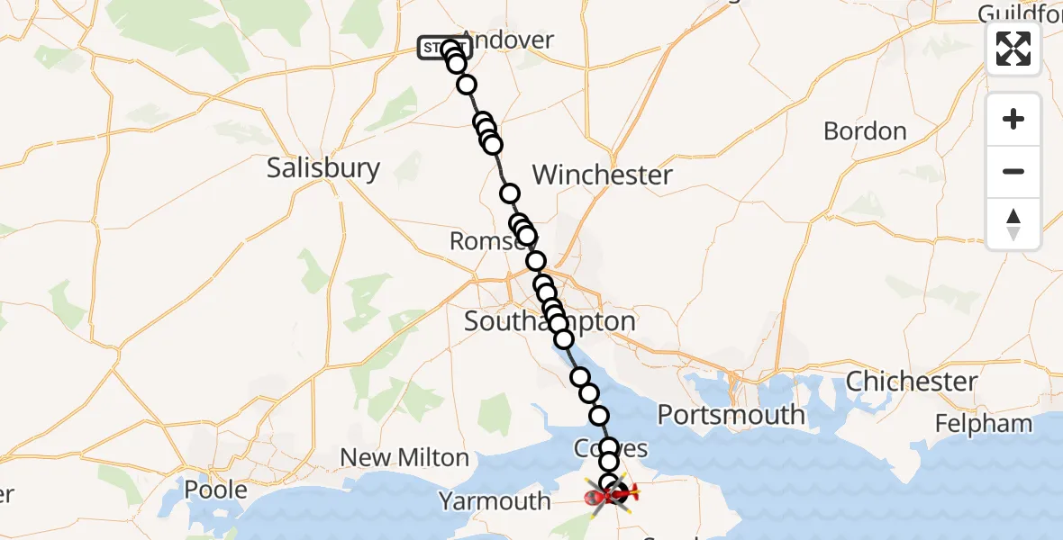 Flight path map showing Air Ambulance Helicopter route from Thruxton to Newport
