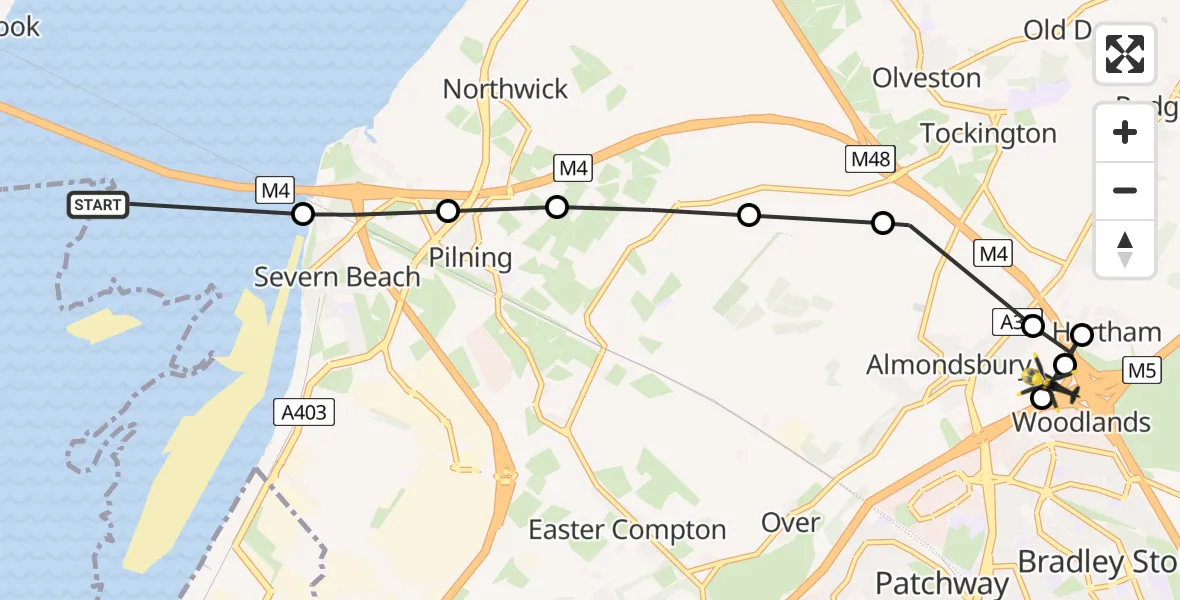 Flight path map showing Police Helicopter route from Bristol Channel to Almondsbury Helicopter Base