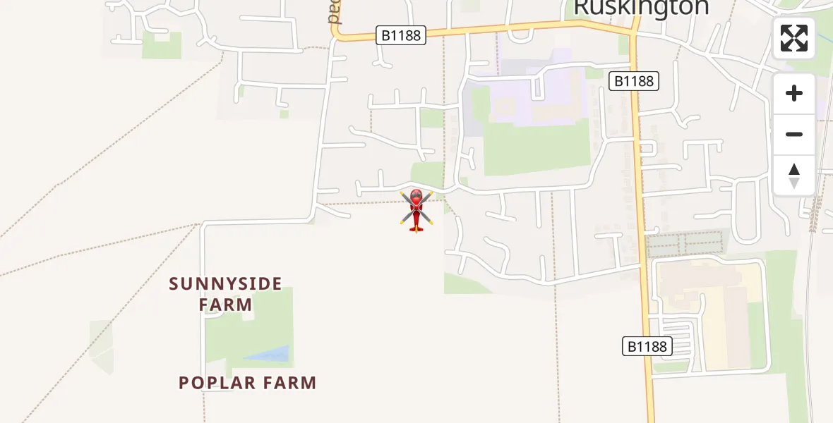 Flight path map showing Air Ambulance Helicopter route from Ruskington to Ruskington