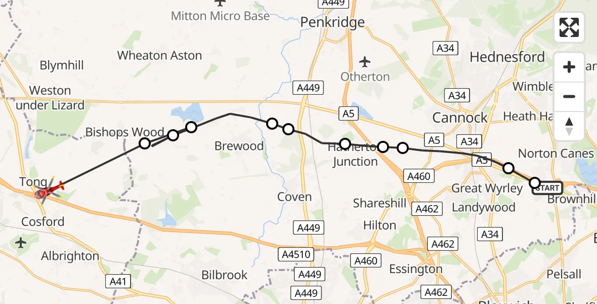 Flight path map showing Air Ambulance Helicopter route from Norton Canes to Tong