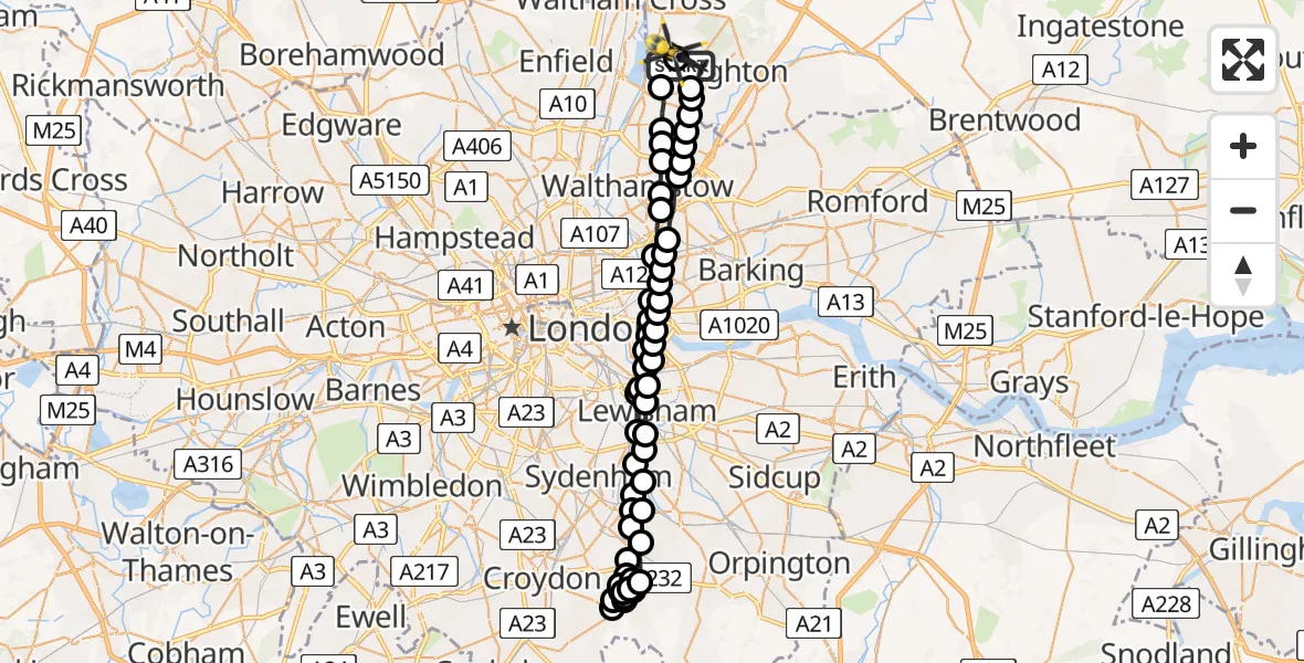 Flight path map showing Police Helicopter route from Metropolitan Police Air Support Unit Lippitts Hill to Metropolitan Police Air Support Unit Lippitts Hill