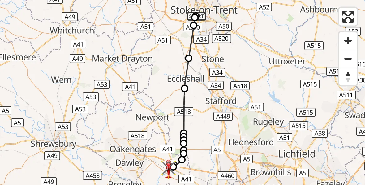 Flight path map showing Air Ambulance Helicopter route from University Hospital North Staffs to Cosford