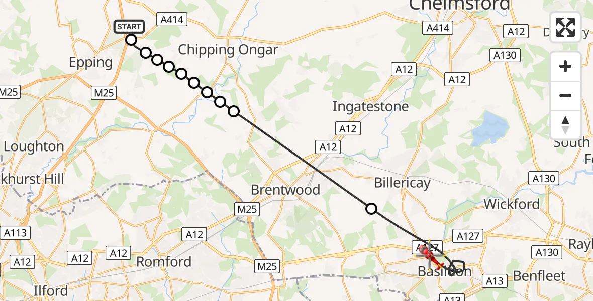 Flight path map showing Air Ambulance Helicopter route from North Weald Airfield to Basildon