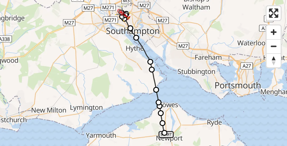 Flight path map showing Air Ambulance Helicopter route from St Marys Hospital Isle Of Wight to University Hospital Southampton