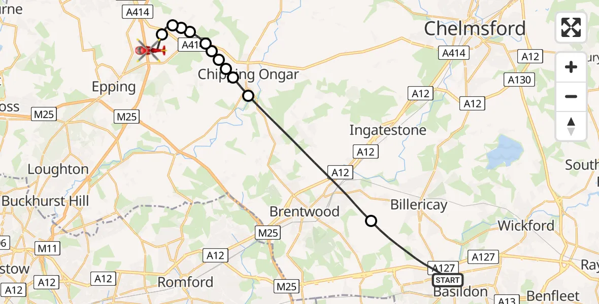 Flight path map showing Air Ambulance Helicopter route from Basildon to North Weald Airfield