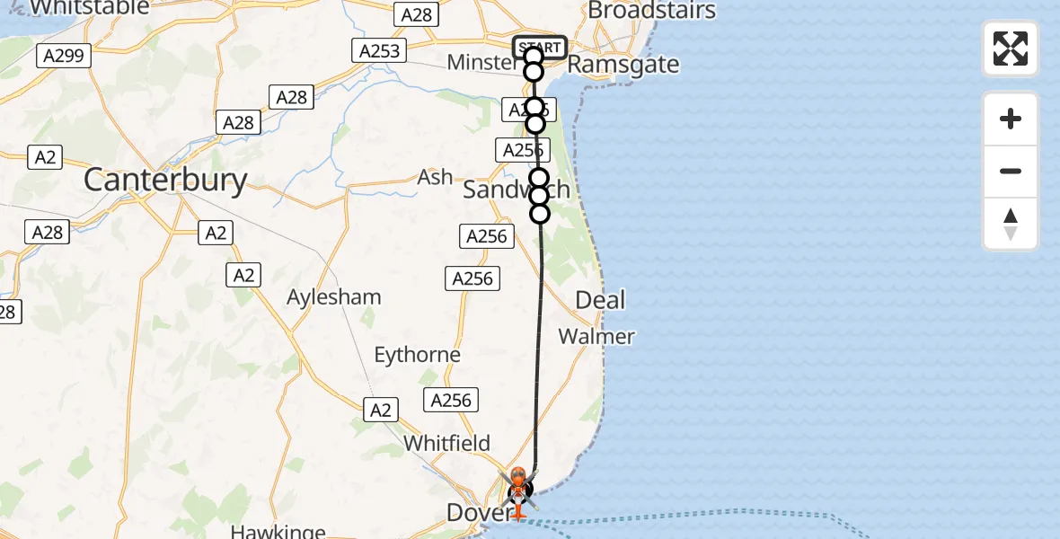 Flight path map showing Coastguard Helicopter route from Manston Airport to Langdon Battery Heliport