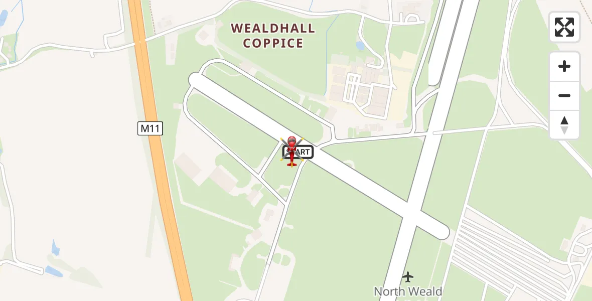 Flight path map showing Air Ambulance Helicopter route from North Weald Airfield to North Weald Airfield
