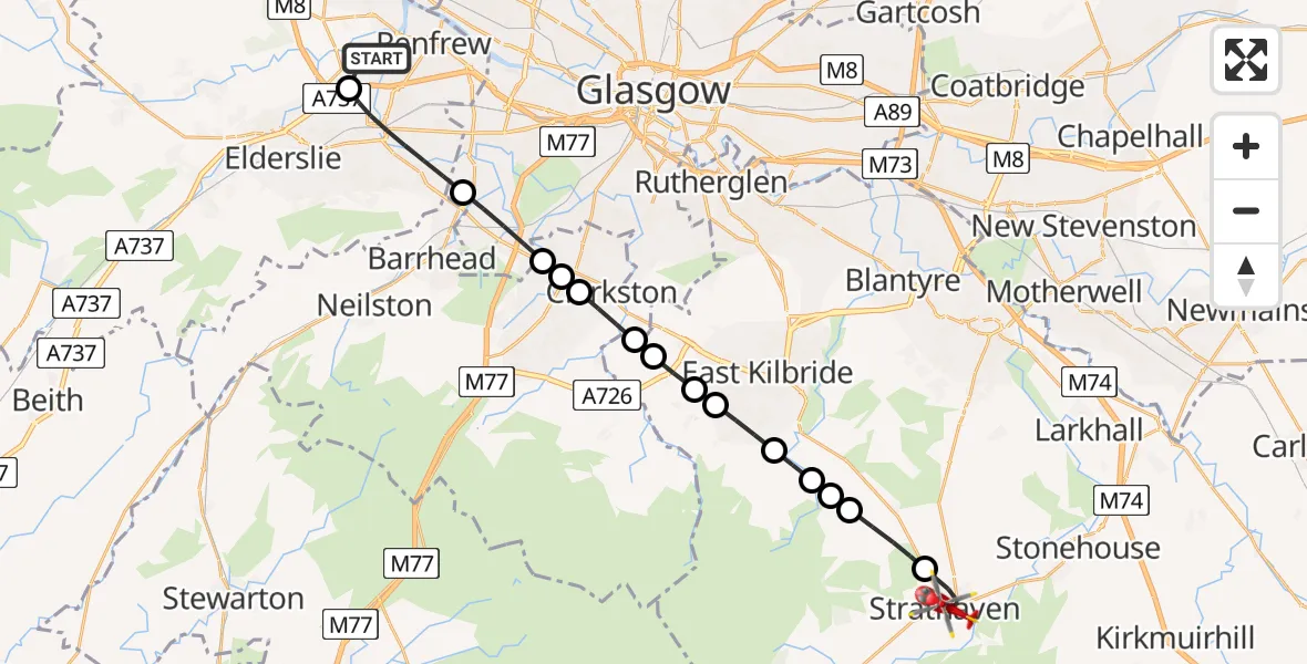 Flight path map showing Air Ambulance Helicopter route from Glasgow Airport to Strathaven