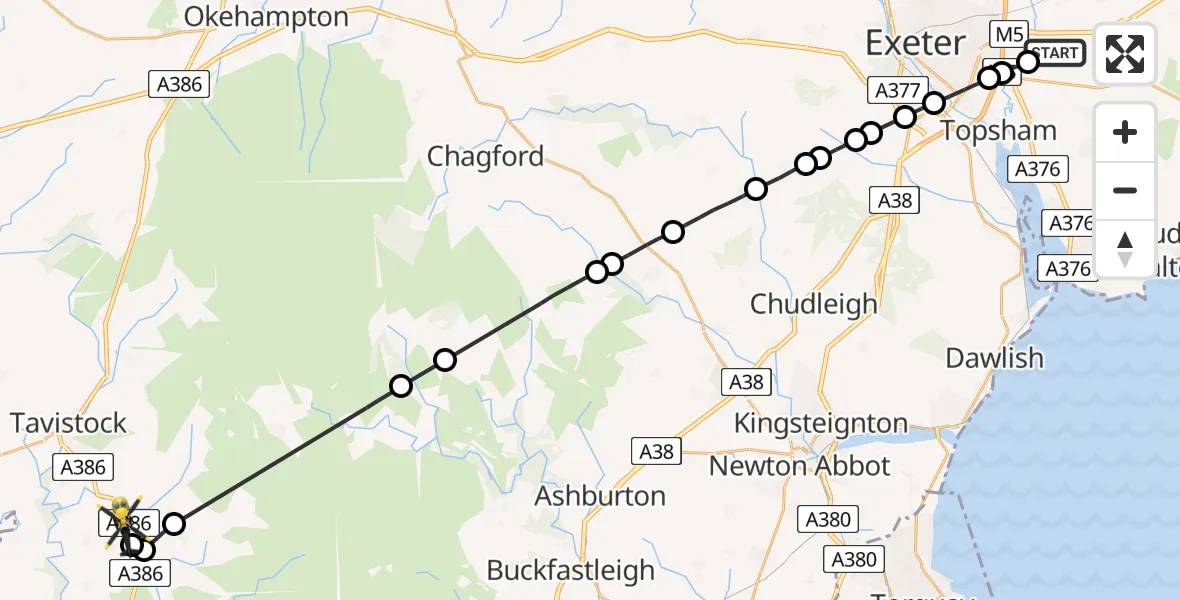 Flight path map showing Police Helicopter route from Clyst Honiton to Crapstone