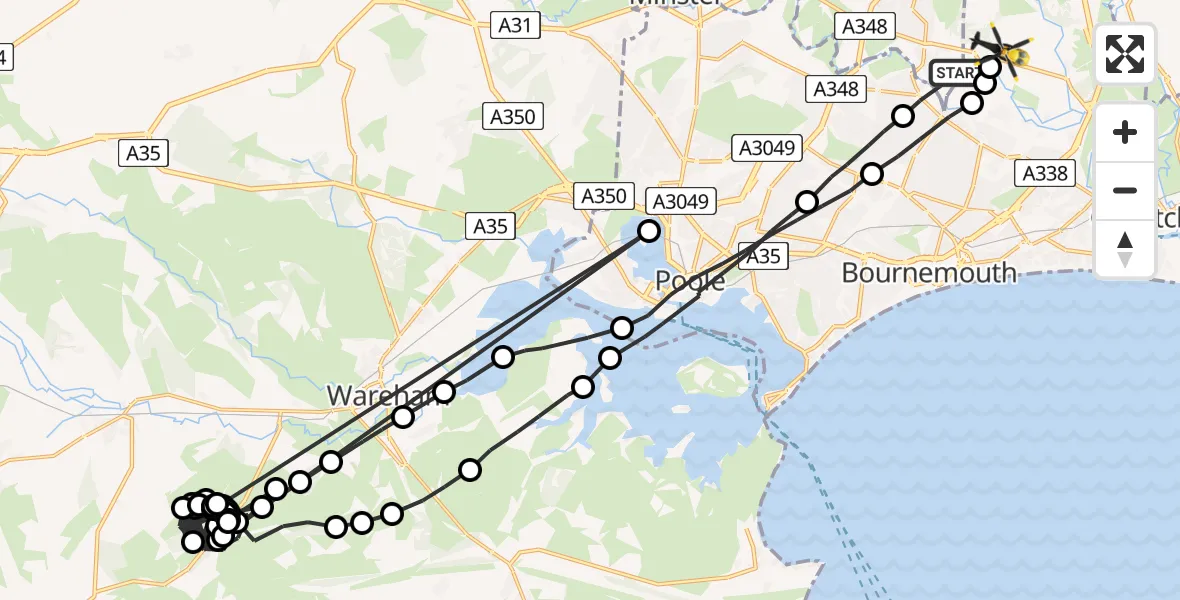 Flight path map showing Police Helicopter route from Parley Cross to Bournemouth Airport