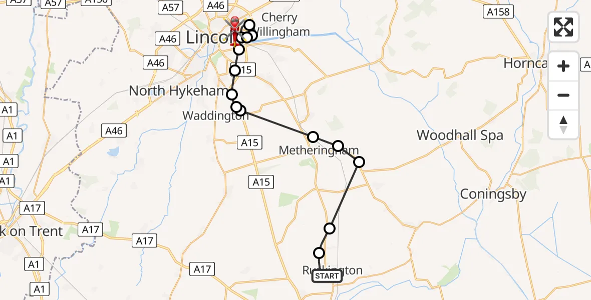 Flight path map showing Air Ambulance Helicopter route from Ruskington to Lincoln