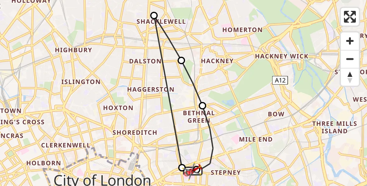 Flight path map showing Air Ambulance Helicopter route from Royal London Hospital to Royal London Hospital