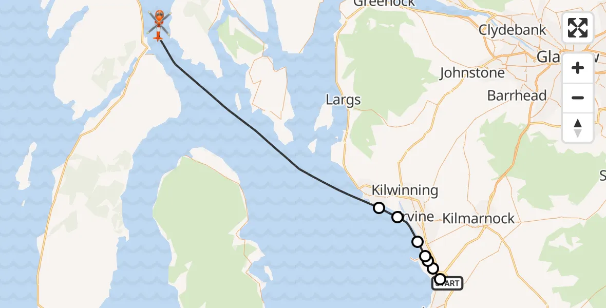Flight path map showing Coastguard Helicopter route from Glasgow Prestwick Airport to Inner Seas