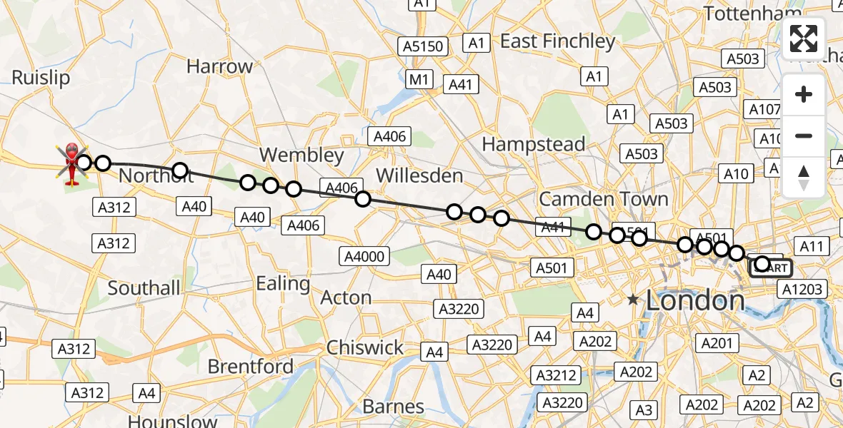 Flight path map showing Air Ambulance Helicopter route from Royal London Hospital to RAF Northolt
