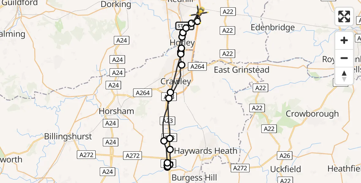 Flight path map showing Police Helicopter route from Salfords to South Nutfield