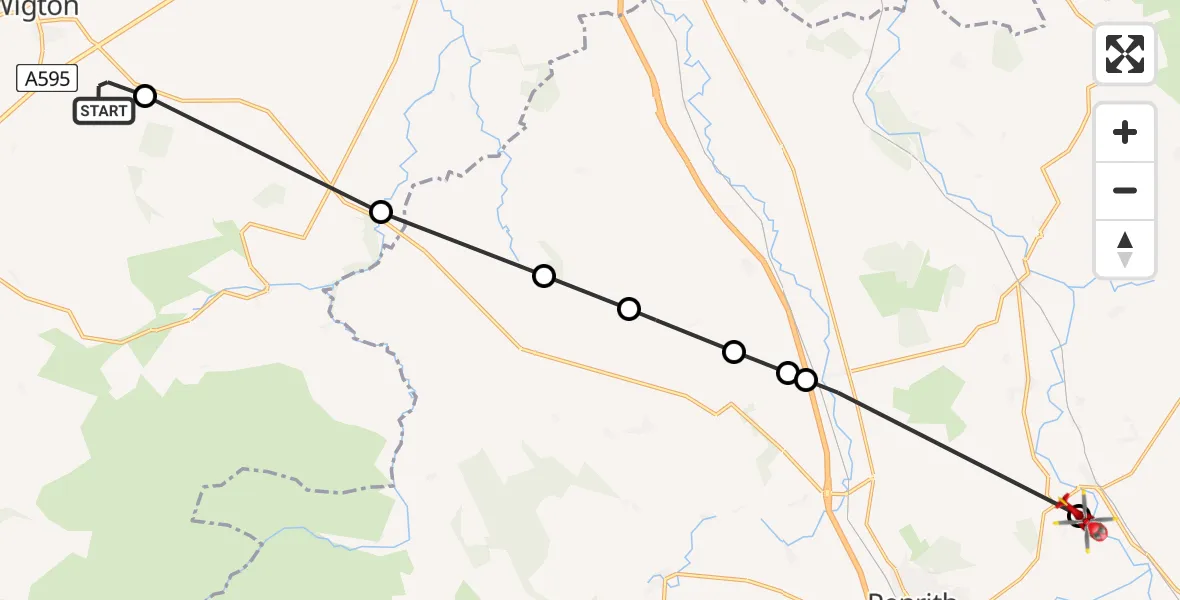 Flight path map showing Air Ambulance Helicopter route from Westward to Edenhall