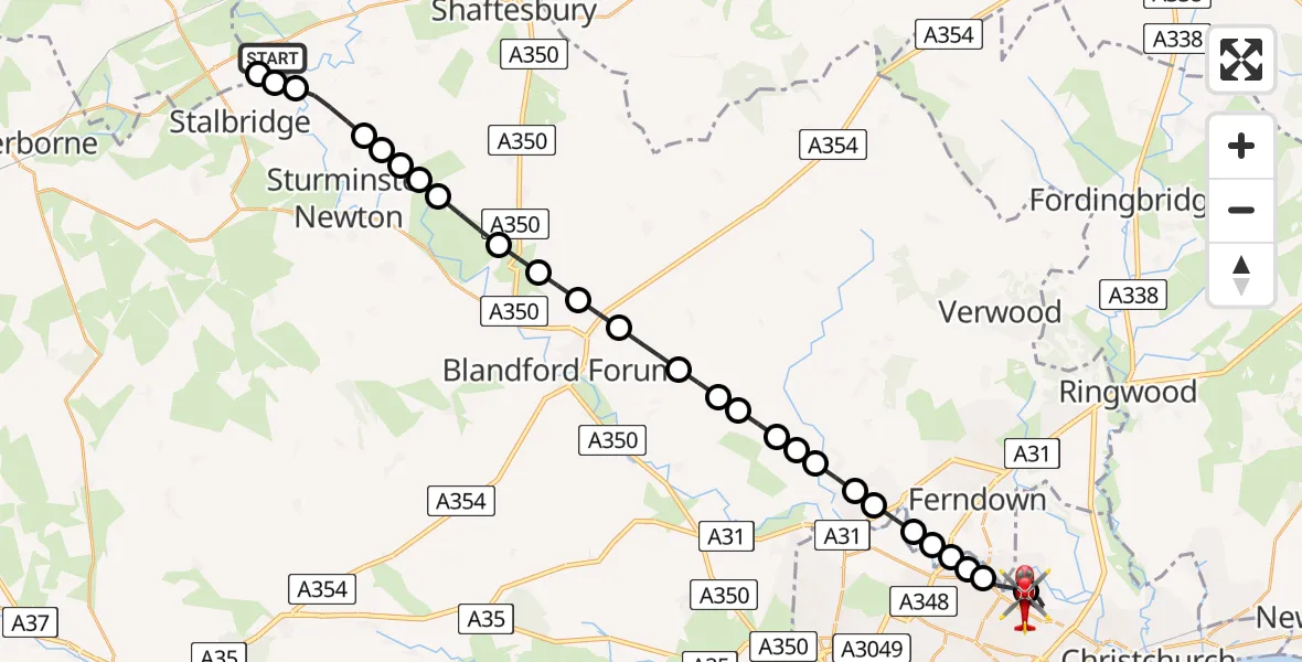 Flight path map showing Air Ambulance Helicopter route from Henstridge Airfield to Bournemouth