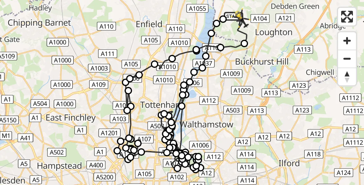 Flight path map showing Police Helicopter route from Sewardstonebury to Sewardstonebury