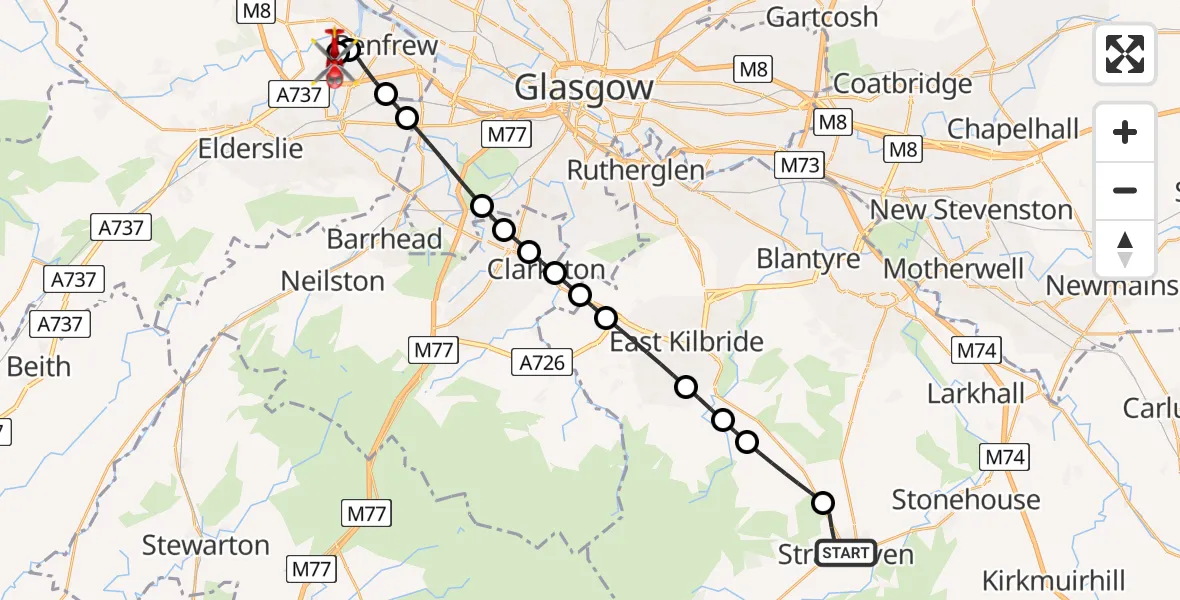 Flight path map showing Air Ambulance Helicopter route from Strathaven to Glasgow Airport