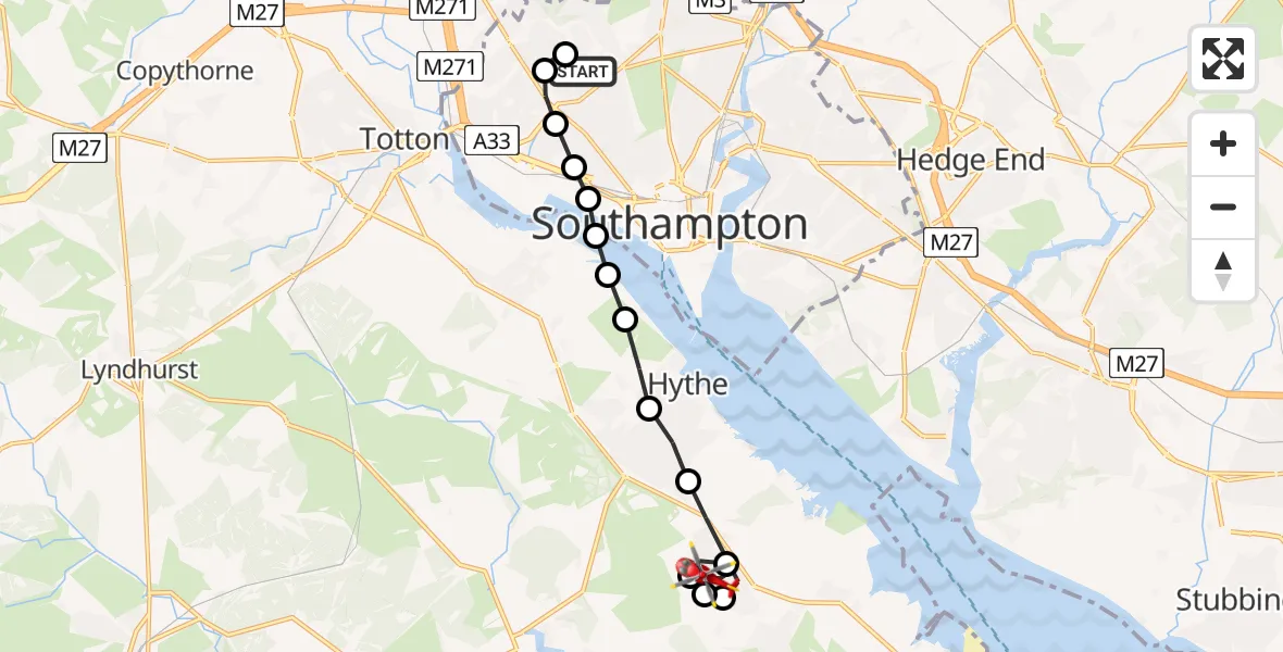 Flight path map showing Air Ambulance Helicopter route from University Hospital Southampton to Hardley