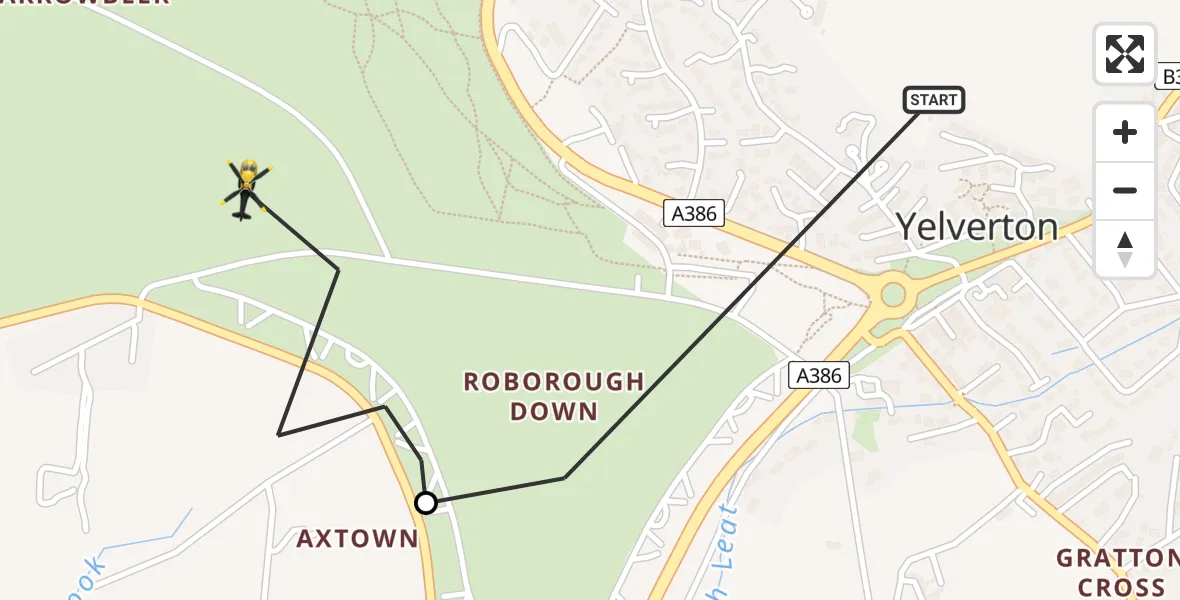 Flight path map showing Police Helicopter route from Yelverton to Crapstone