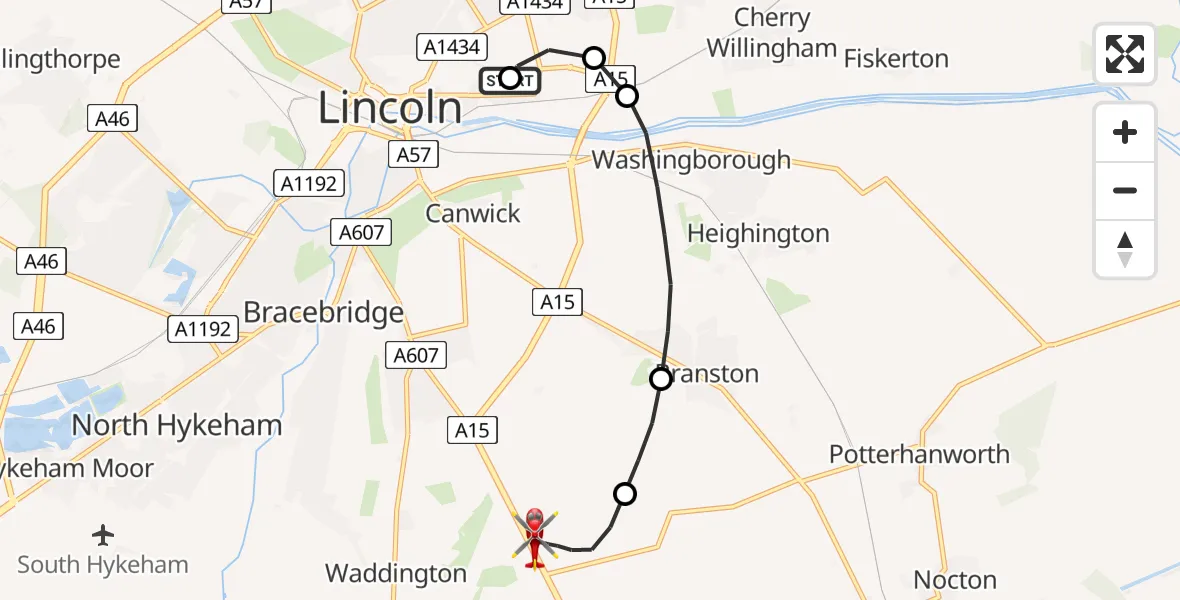 Flight path map showing Air Ambulance Helicopter route from Lincoln County Trauma Unit to North Kesteven