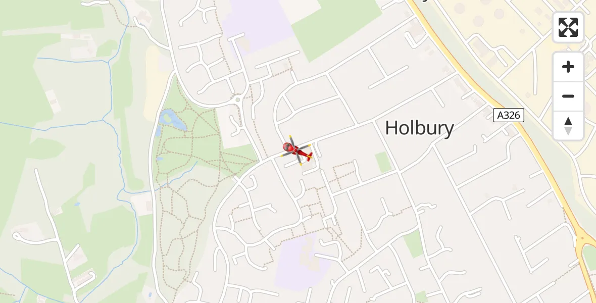Flight path map showing Air Ambulance Helicopter route from Holbury to Holbury