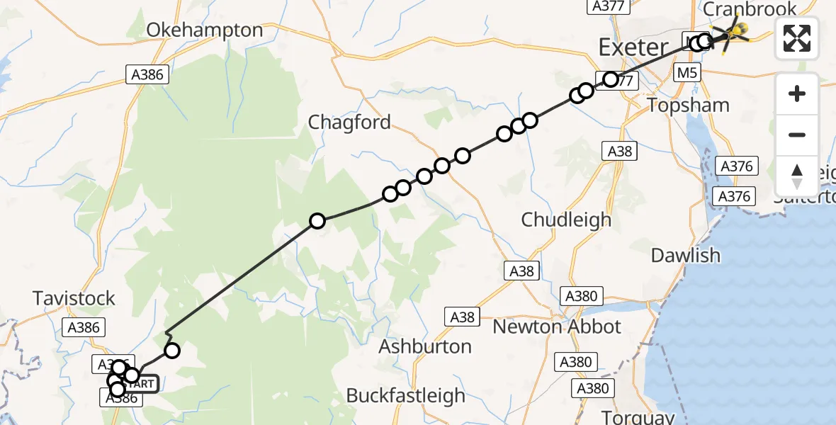 Flight path map showing Police Helicopter route from Yelverton to Exeter International Airport