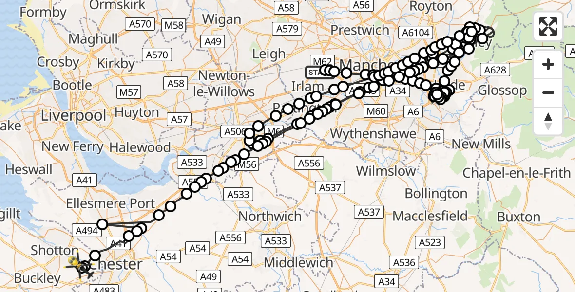 Flight path map showing Police Helicopter route from Manchester Barton Aerodrome to Hawarden Airport